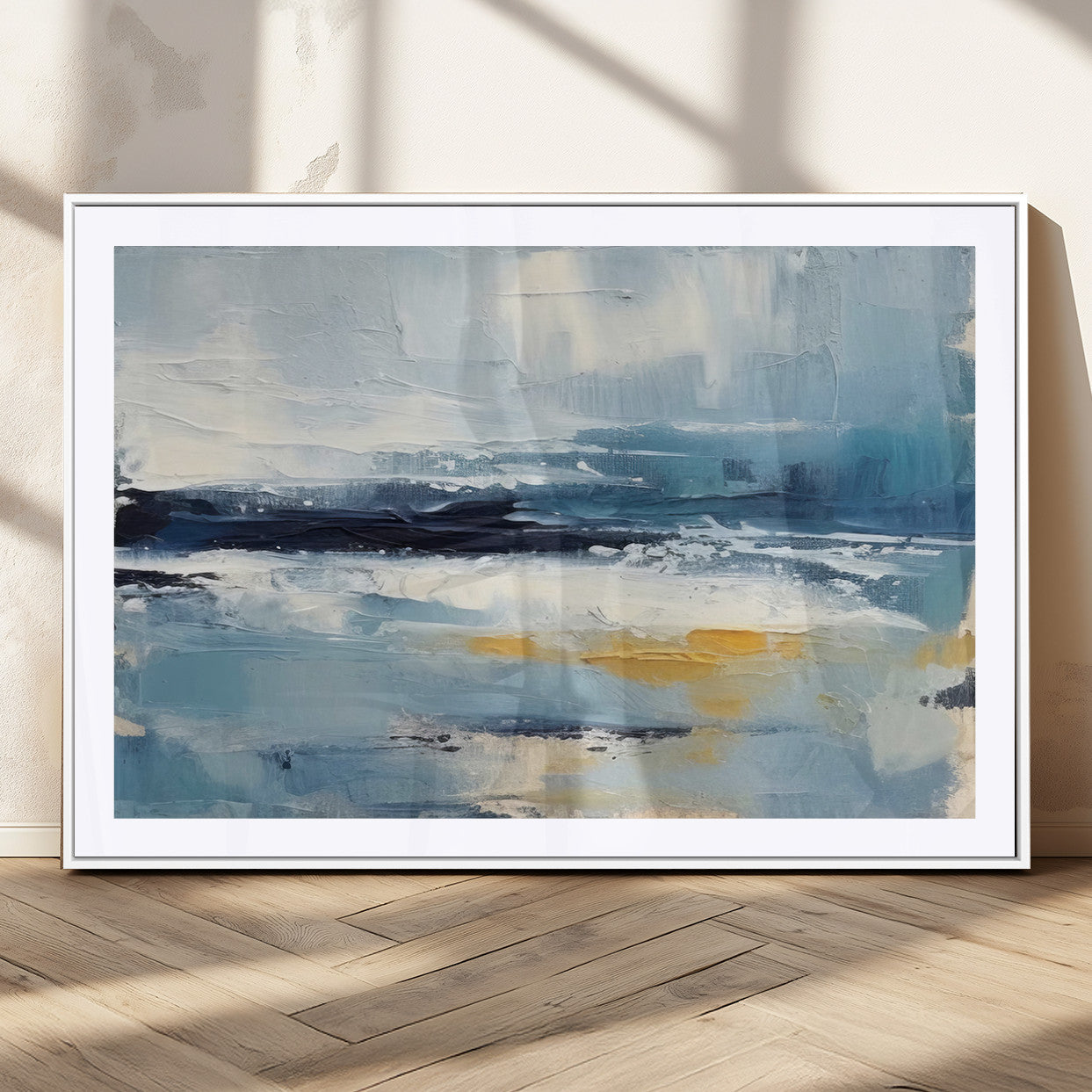 19746-MGC-FP-36x24_White-Abstract Ocean Canvas Wall Art - Coastal Blue and Gold Textured Painting, Modern Seascape Decor for