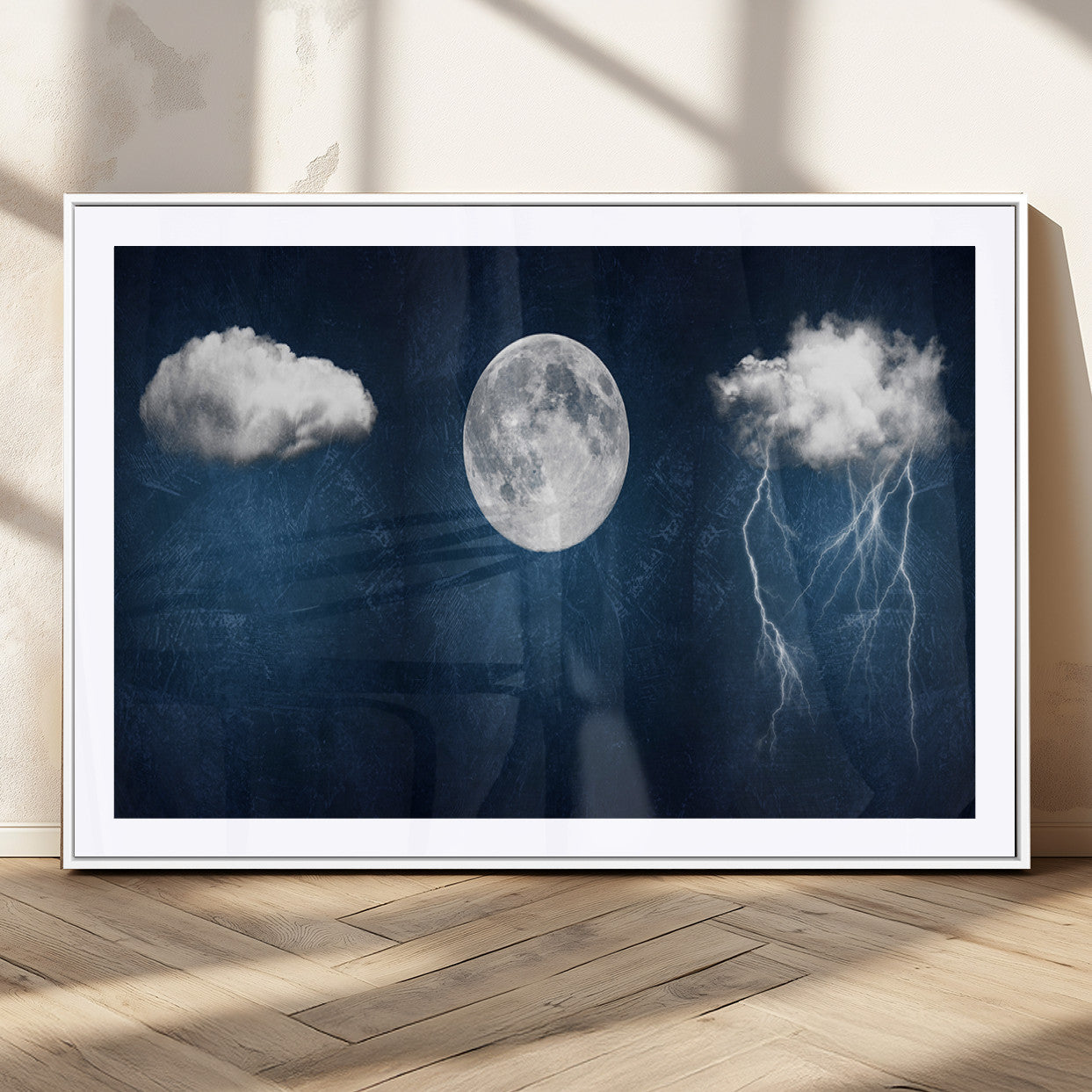 96569-MGC-FP-36x24_White-Dark Blue Cloud Art, 3 Piece Indigo Blue Wall Art, Aesthetic Surreal Art, Thunderstorm Moon Cloud