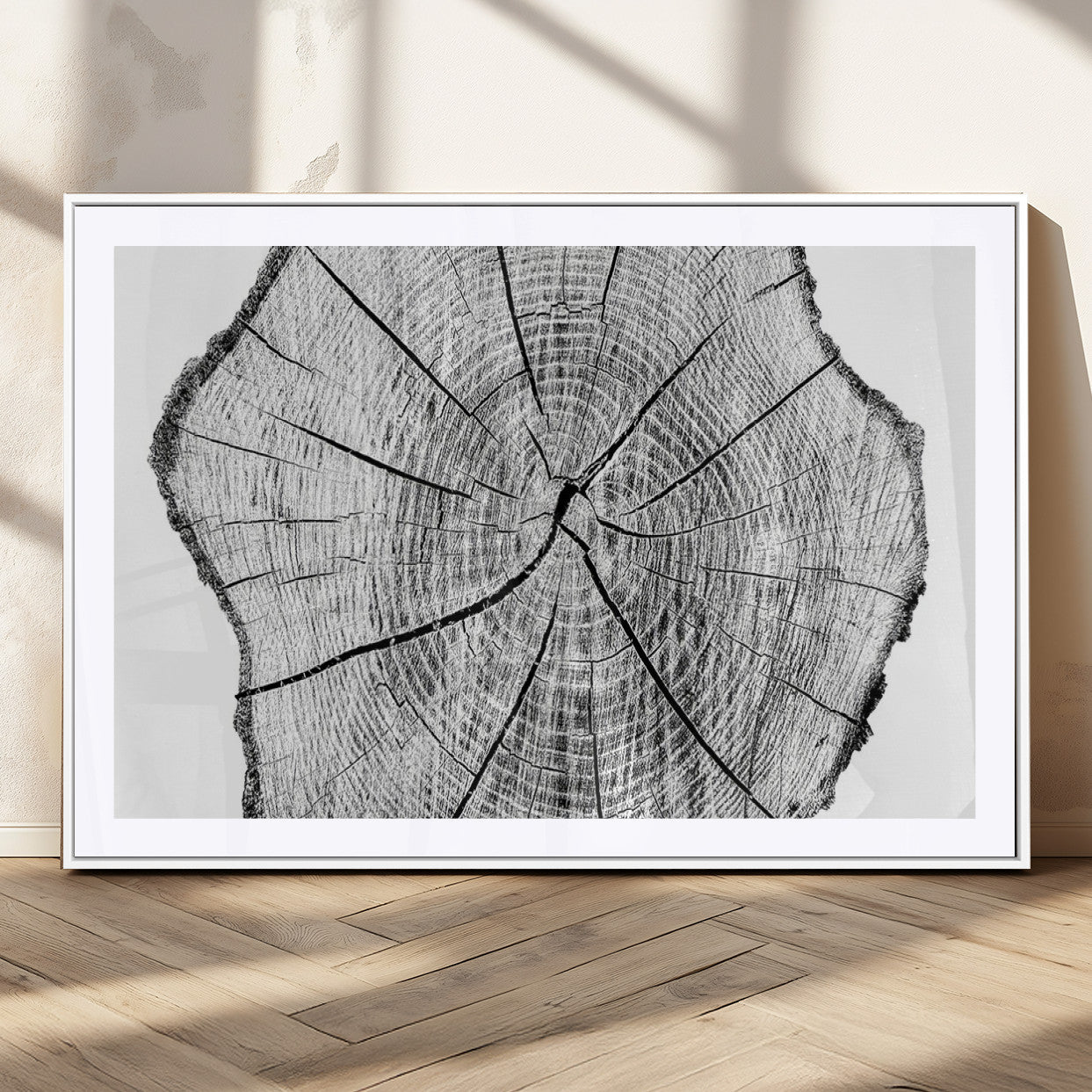 98709-MGC-FP-36x24_White-Rustic Tree Ring Wall Art Canvas Print – Framed and Ready to Hang – Perfect for Nature-Inspired and