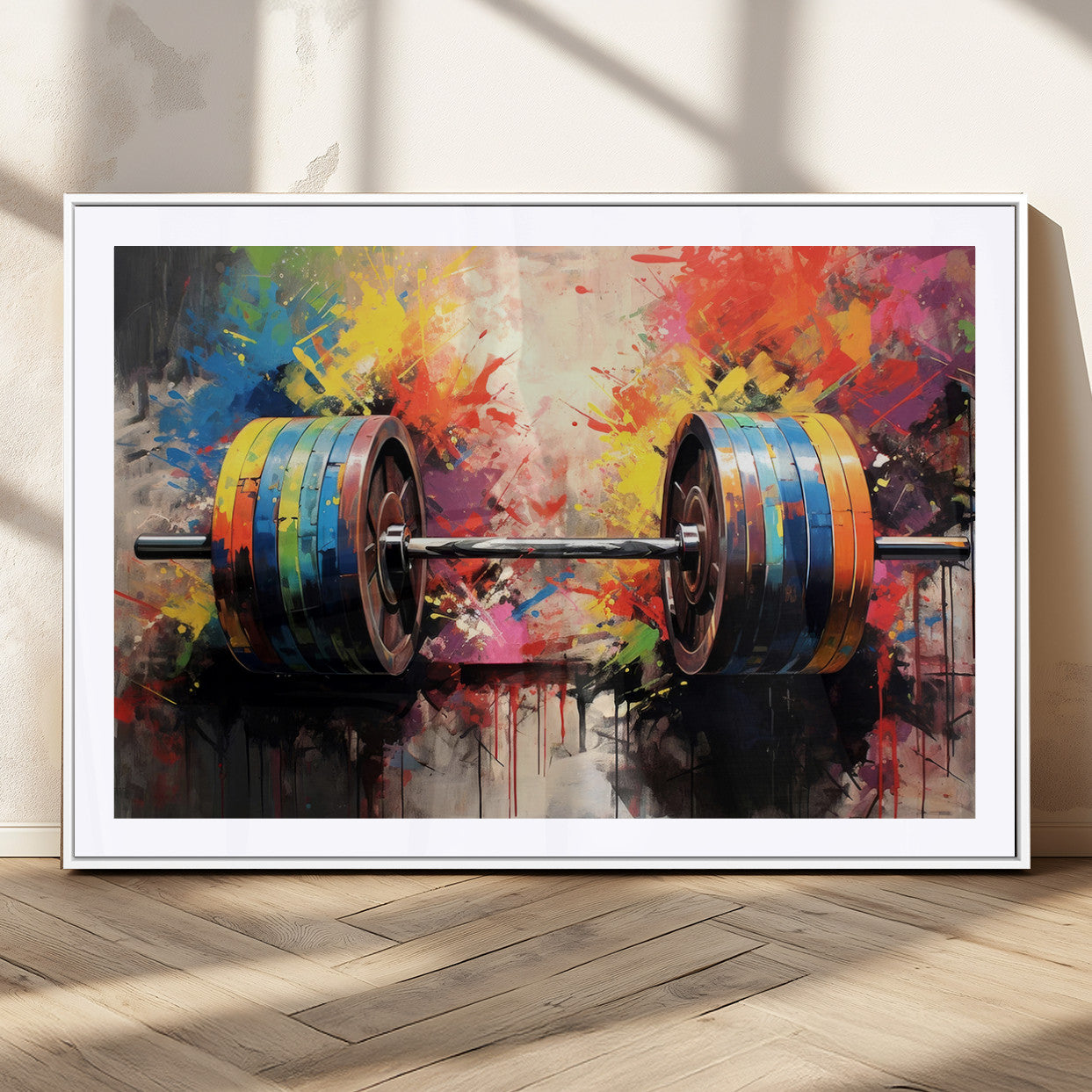 80436-MGC-FP-36x24_White-Weightlifting Barbell Art Triptych, Bold Abstract Fitness Wall Decor for Gym or Home, Giclee Canvas
