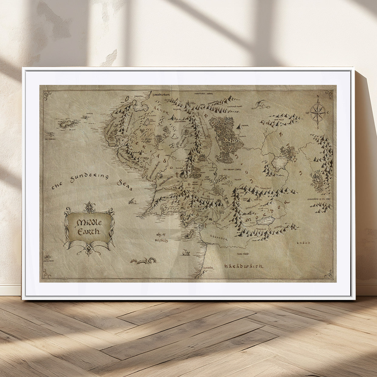 21784-MGC-FP-36x24_White-Vintage Middle Earth Map Wall Art Canvas – Lord of the Rings Inspired Framed Map Print, Classic Fantasy Decor for Home, Office