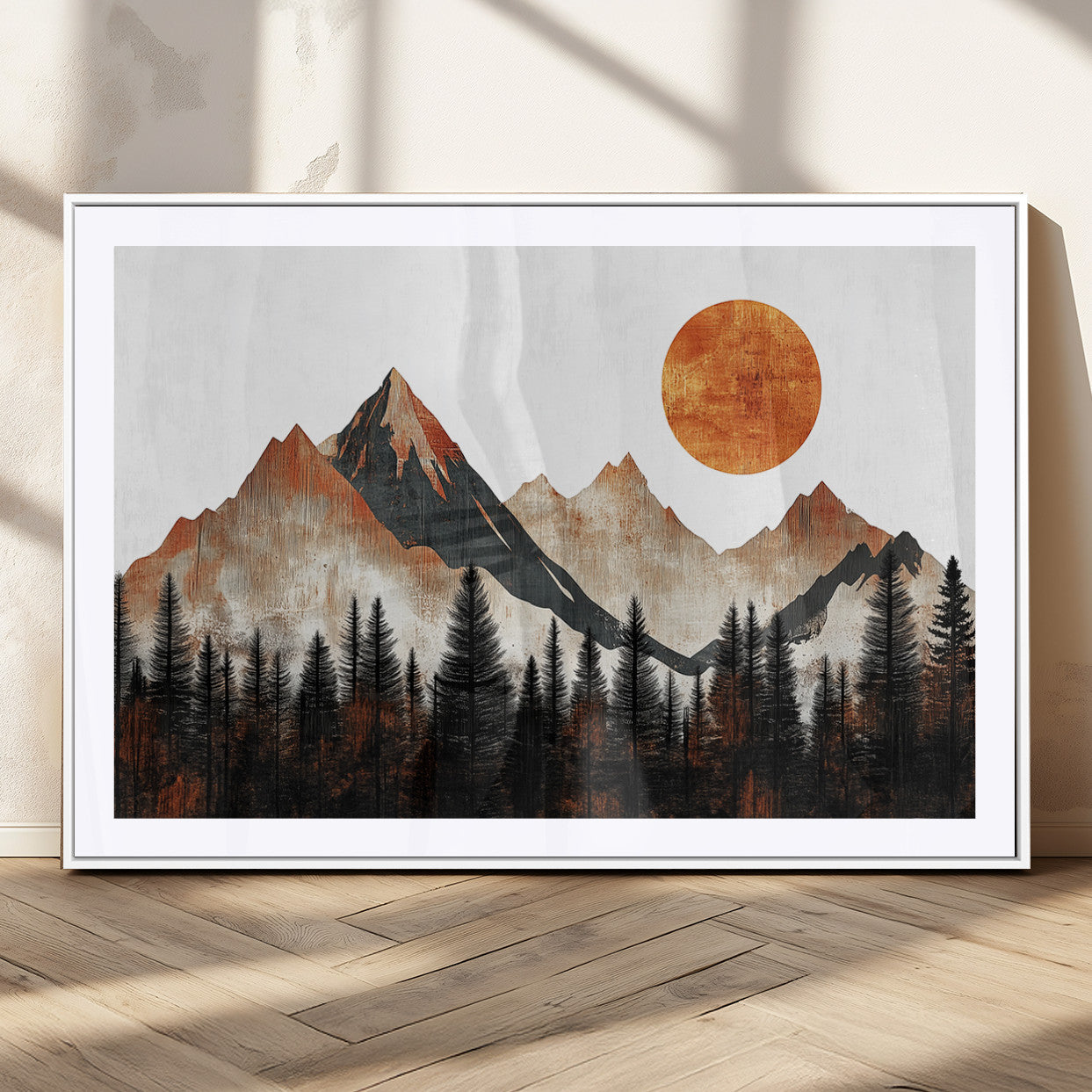 71366-MGC-FP-36x24_White-Modern Abstract Mountain Canvas Wall Art Print, Abstract Landscape Print, Rustic Sun and Mountains