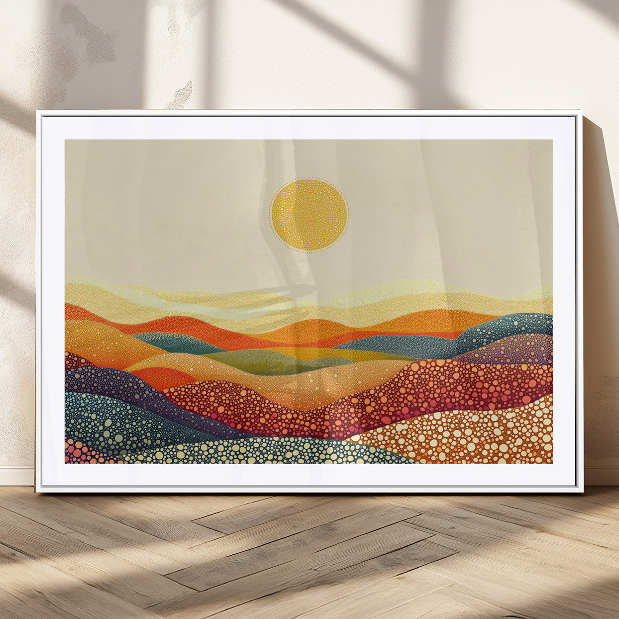 74226-MGC-FP-36x24_White-YAYOI KUSAMA Colorful Dot Art Landscape Canvas - Framed Abstract Pointillism Inspired by Nature with