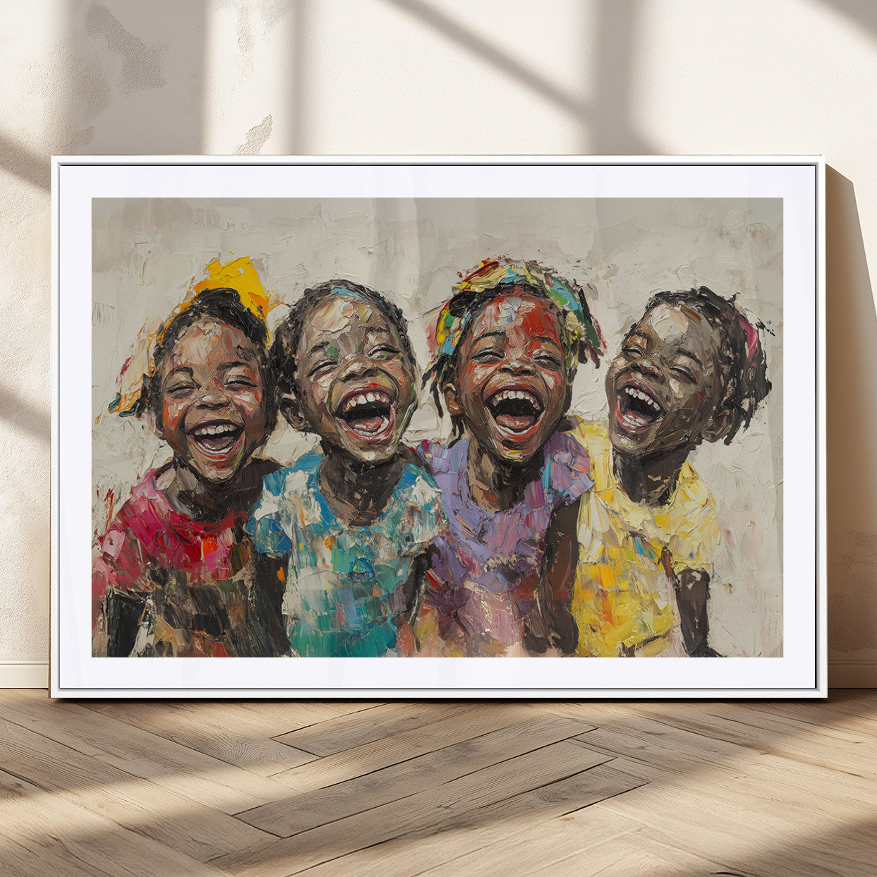 93034-MGV-CV-36X24-Shai Yossef style Joyful Childhood Canvas Wall Art - Expressive Impasto Painting of Black Children