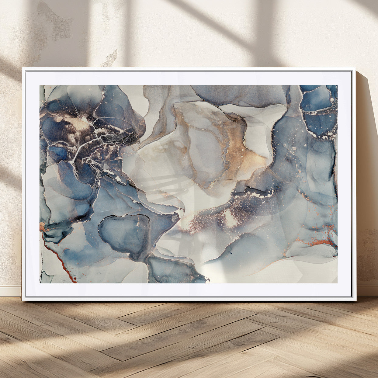 51497-MGC-FP-36x24_White-Abstract Blue and Gold Canvas Wall Art - Fluid Modern Ink Artwork - Modern Luxury Wall Decor for