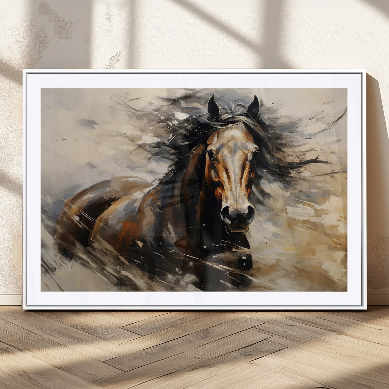 53001-MGC-FP-36x24_White-Abstract Wall Art Horse Print - Large Western Horse Canvas - Farmhouse Woodland Wall Art - Framed