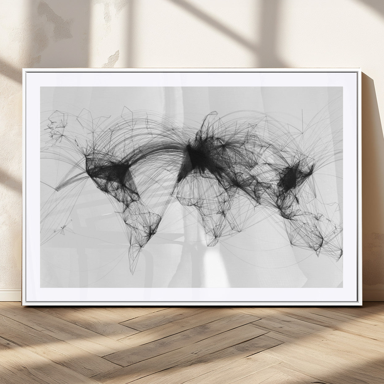Black-Flight-Routes-MGC-FP-36x24_White-Flight Routes Air Traffic Map Canvas Wall Art - Framed - Ready to Hang