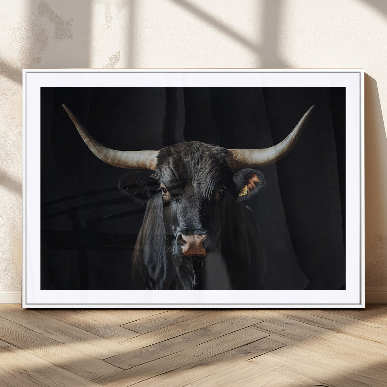 48065167-MGC-FP-36x24_White-Majestic Longhorn Bull Wall Art Canvas Print – Dark Background Western Ranch Portrait Artwork for Home, Office
