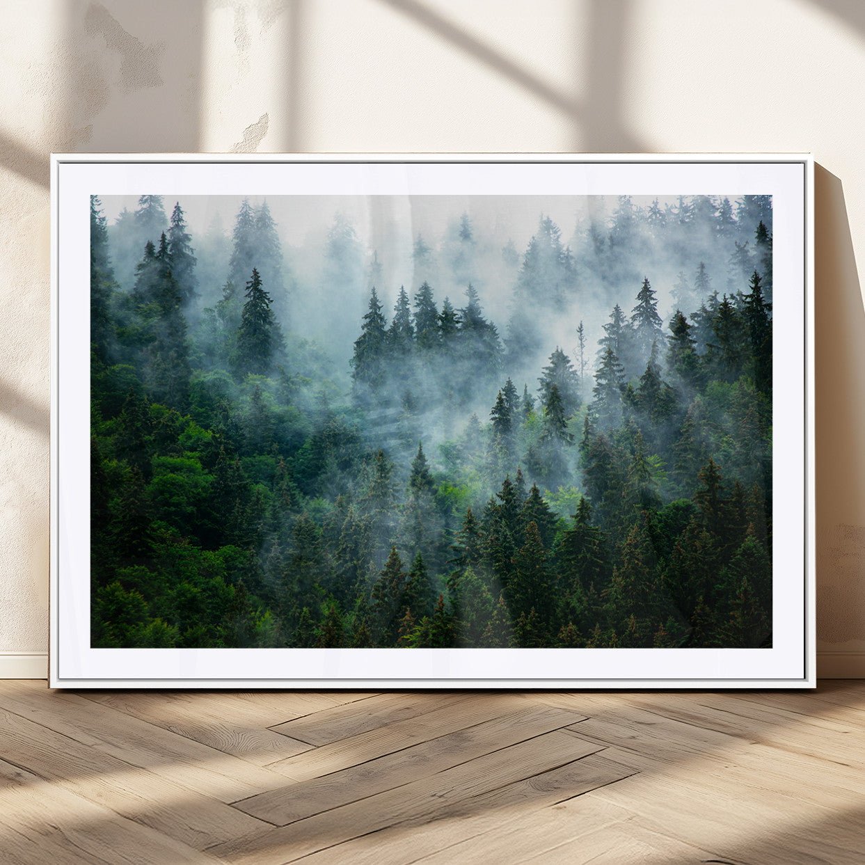 17393683-MGC-FP-36x24_White-Misty Forest Wall Art Canvas Print – Framed Foggy Mountain Scene with Serene Nature Artwork for Home, Office, Living Room
