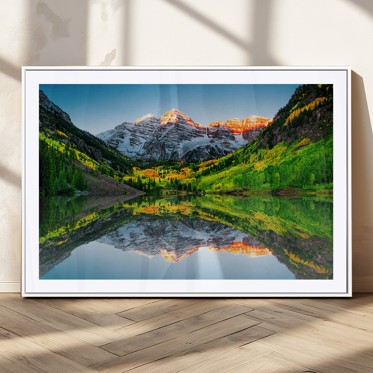 17996974-MGC-FP-36x24_White-Sunrise Maroon Bells Lake Wall Art Canvas Print – Framed Elk Mountains Landscape Artwork for Home, Office