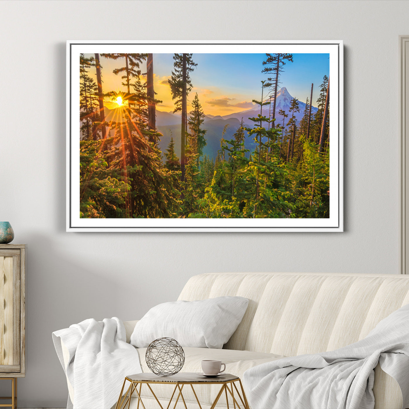 83544043-MGC-FP-36x24-Forest Sunset Wall Art Canvas Print, Framed Sunset Trees Art Picture Print, Green Pines Perfect