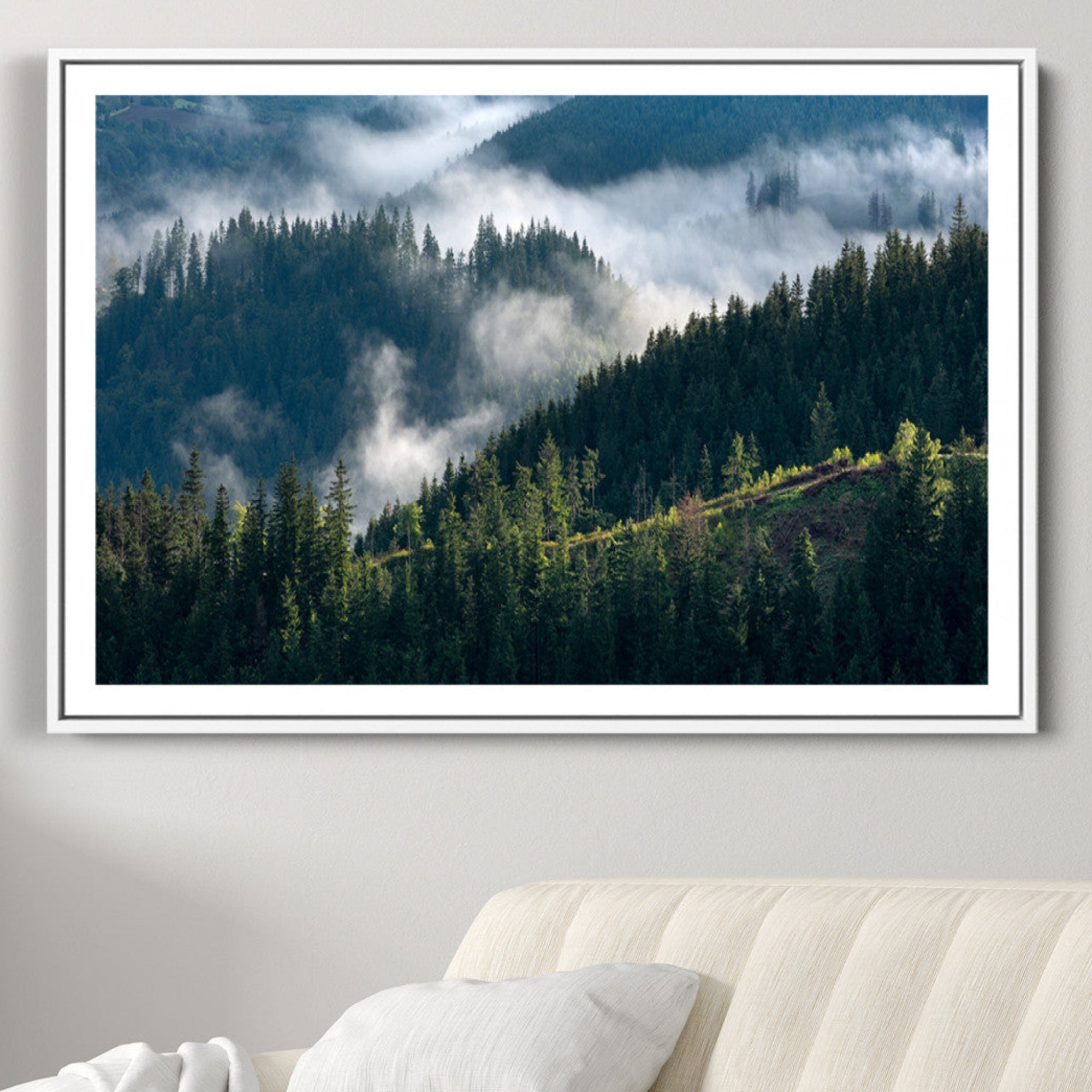 84598503-MGC-FP-36x24-Misty Forest Wall Art Canvas Print – Pine Hills Foggy Trees Moody Landscape Nature Artwork for Home Office