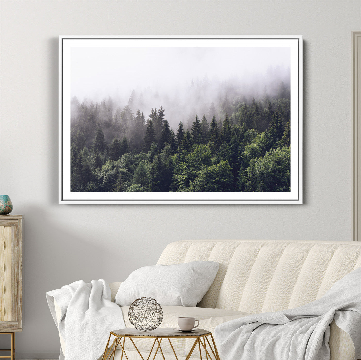 62890402-MGC-FP-36x24-Misty Forest Wall Art Canvas Print, Framed Foggy Pines Art Picture Print, Pine Valley Perfect Moody