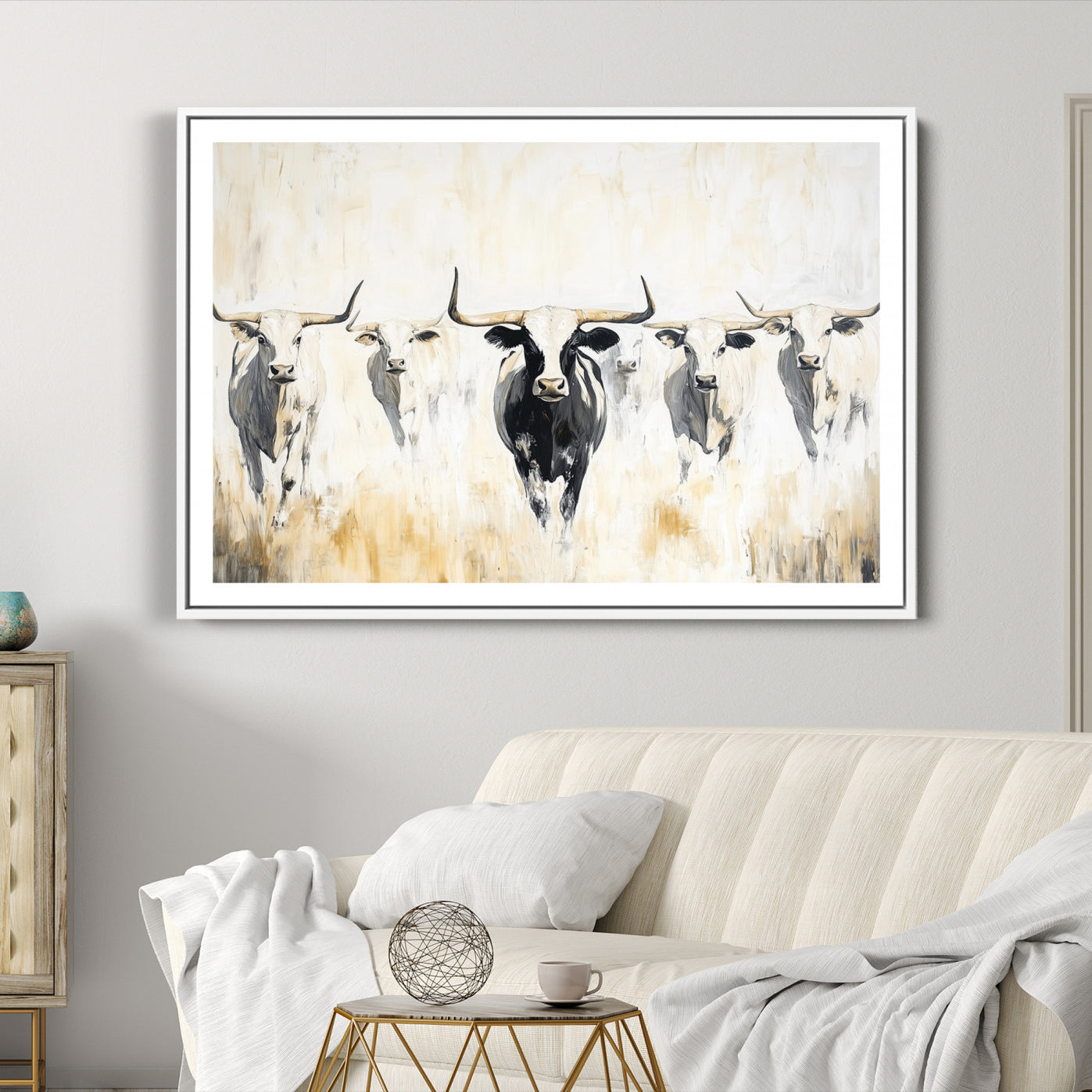 40397799-MGC-FP-36x24-Texas Longhorn Canvas Print, Framed Rustic Herd Art Picture Print, Western Bull Perfect Neutral