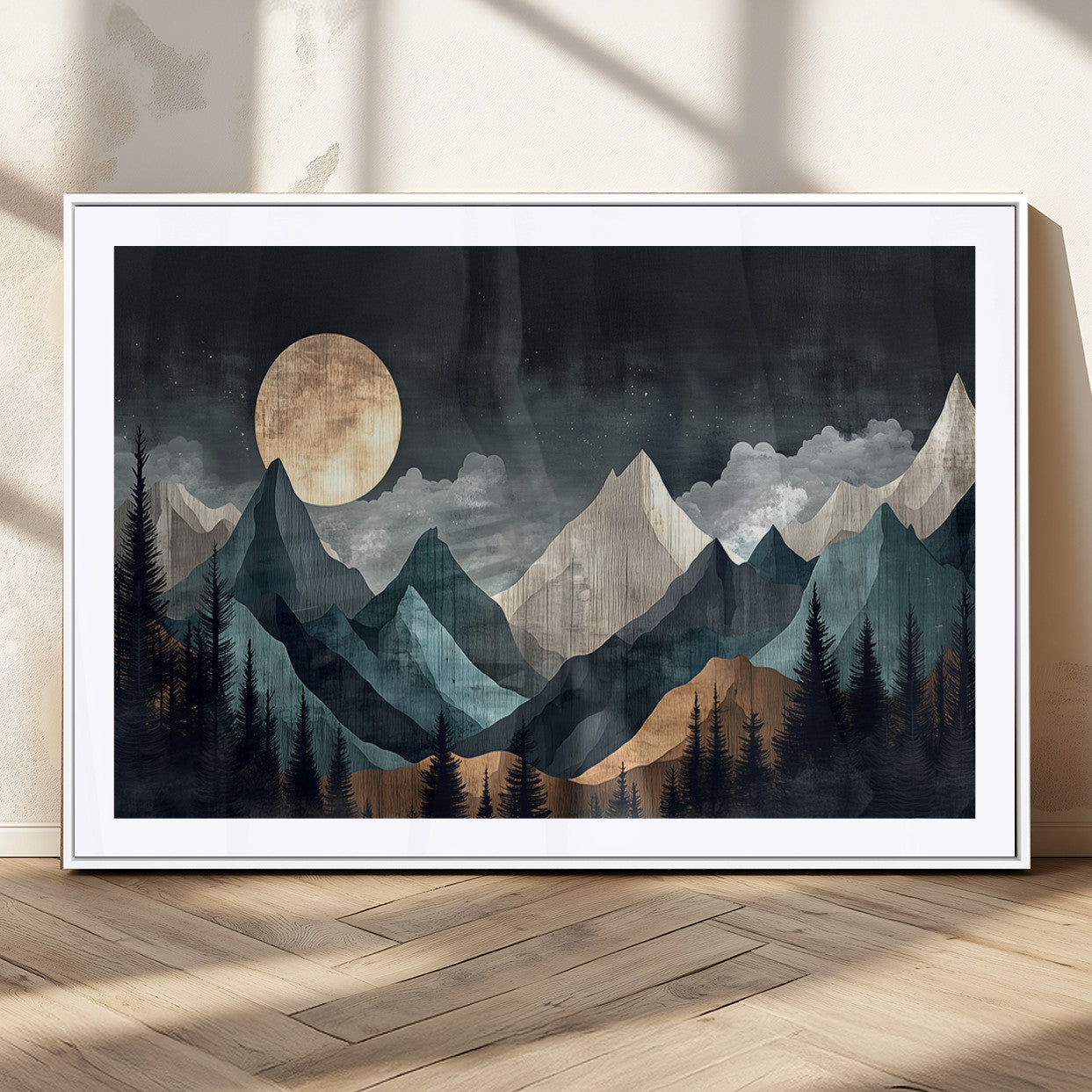 11060882-MGV-CV-36X24-Moonlit Mountain Wall Art Canvas Print – Silhouetted Pines Layered Peaks Tranquil Sky Mist Silver Light Nature Artwork for Home