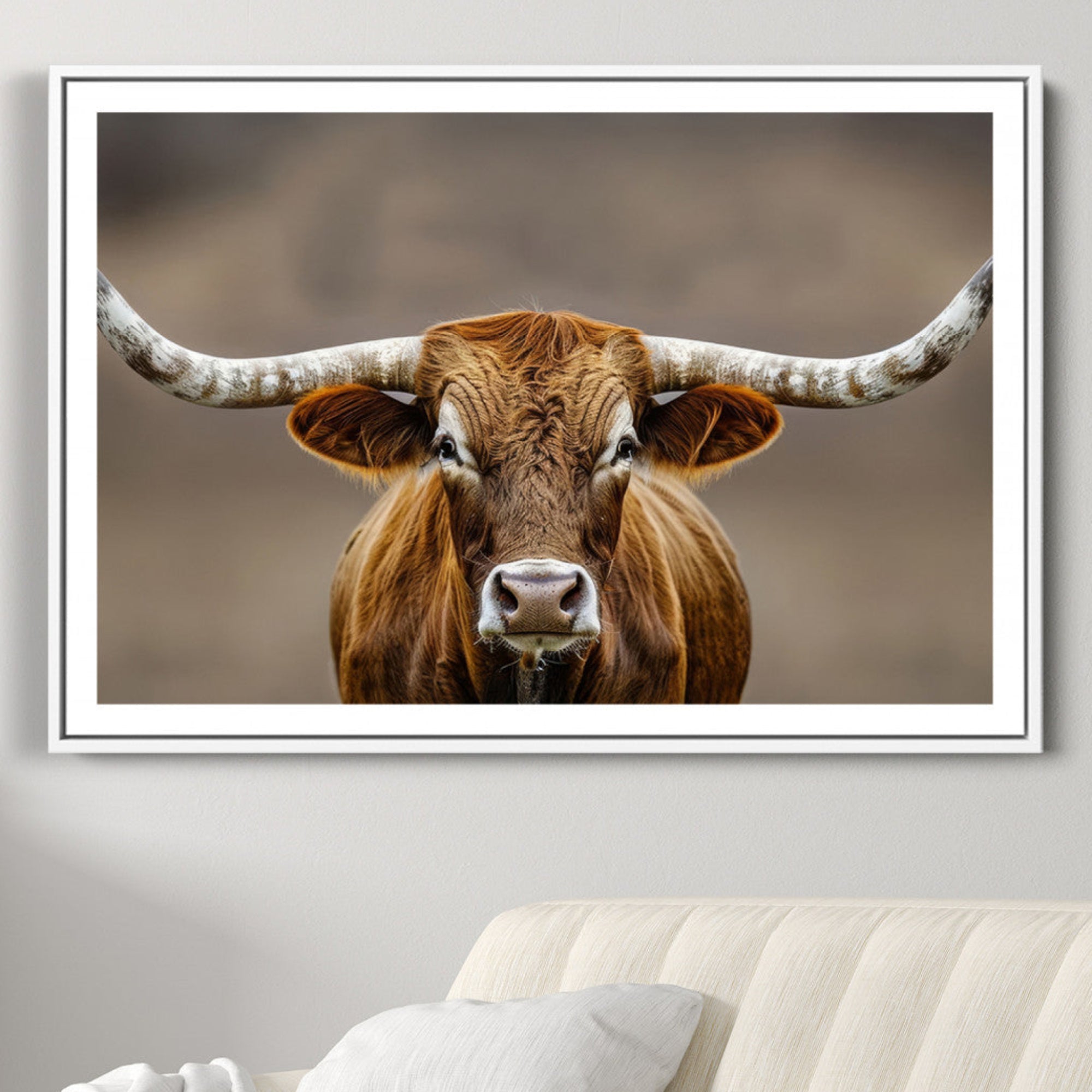 12179171-MGC-FP-36x24-Texas Longhorn Wall Art Canvas Print – Brown Bull Rustic Ranch Western Cattle Nature Artwork for Home Office