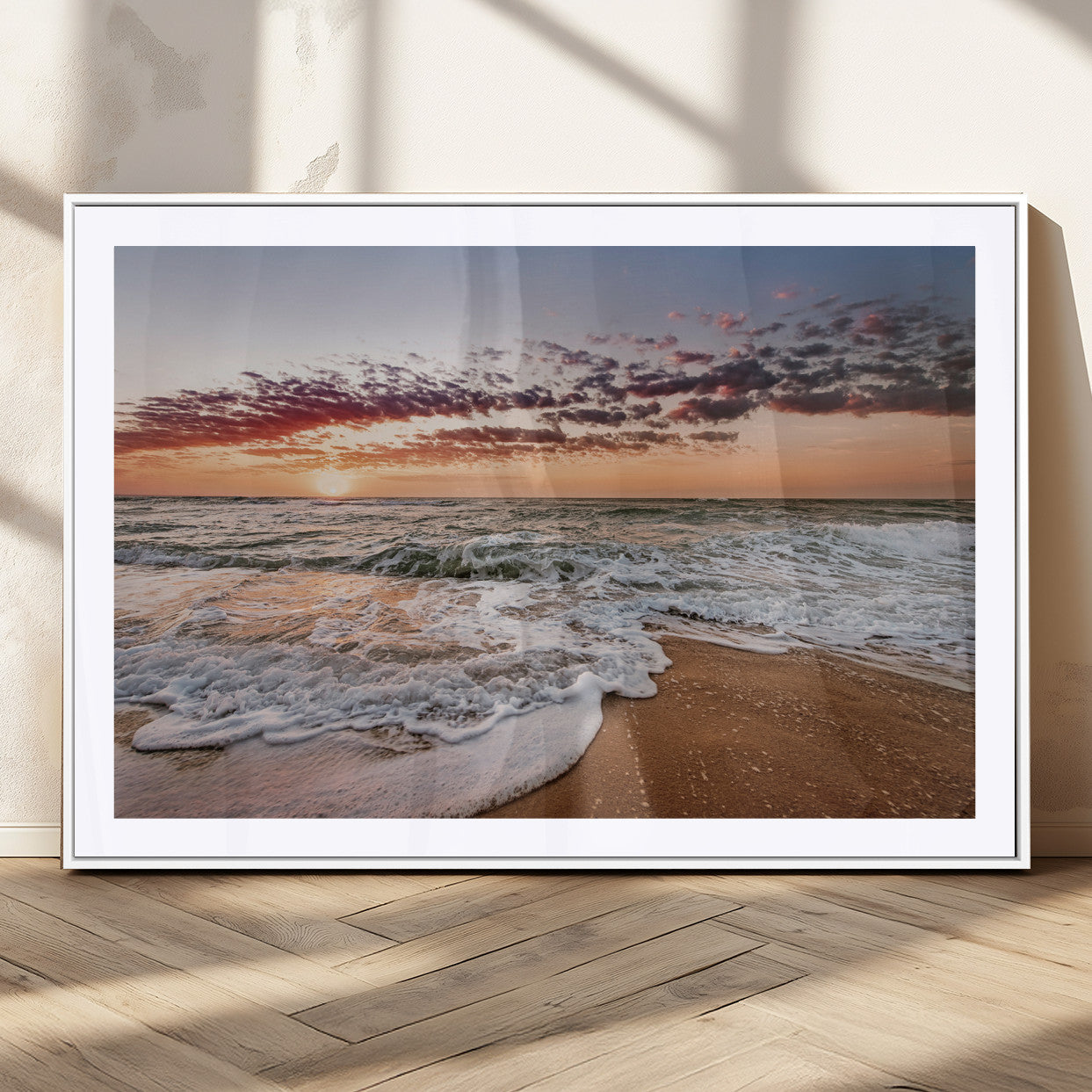 39846389-MGC-FP-36x24_White-Ocean Sunset Wall Art Canvas Print – Framed Sandy Shore Gentle Waves Coastal Landscape Minimalist Artwork for Home, Office