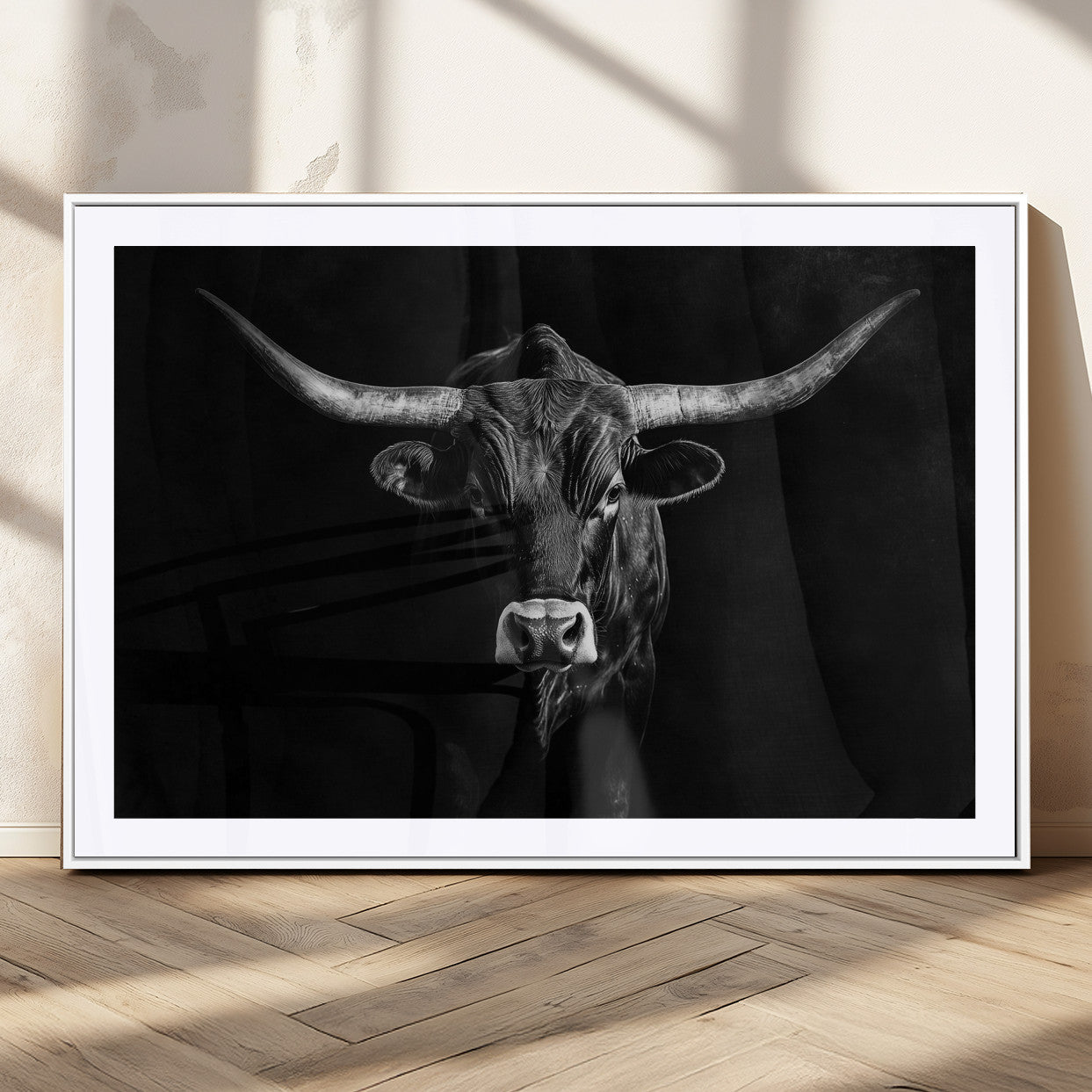 42077175-MGV-CV-36X24-Texas Longhorn Wall Art Canvas Print – Framed Monochrome Horned Bull Rustic Western Cattle Artwork for Home, Office