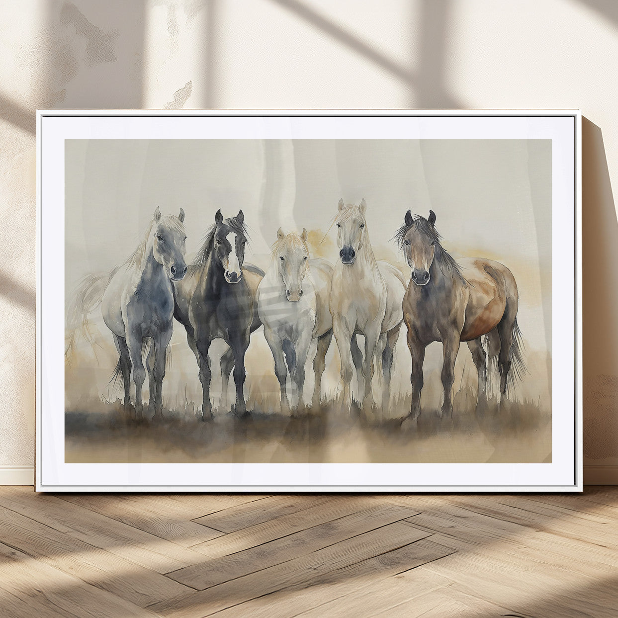 MGC-FP-36x24 - Wild Horses Wall Art Canvas Print, Framed Running Horses Art Picture Print, Watercolor Horses Perfect Rustic Western Decor Artwork