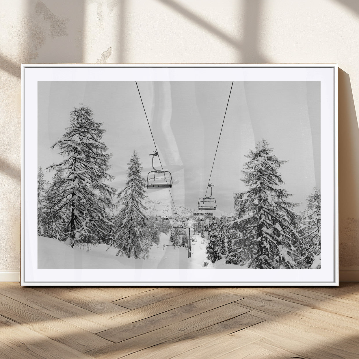 55003599-MGV-CV-36X24-Ski Lift Wall Art – Framed Snowy Mountain Canvas Artwork, Winter Forest Design, Minimal Nature Decor for Home, Office