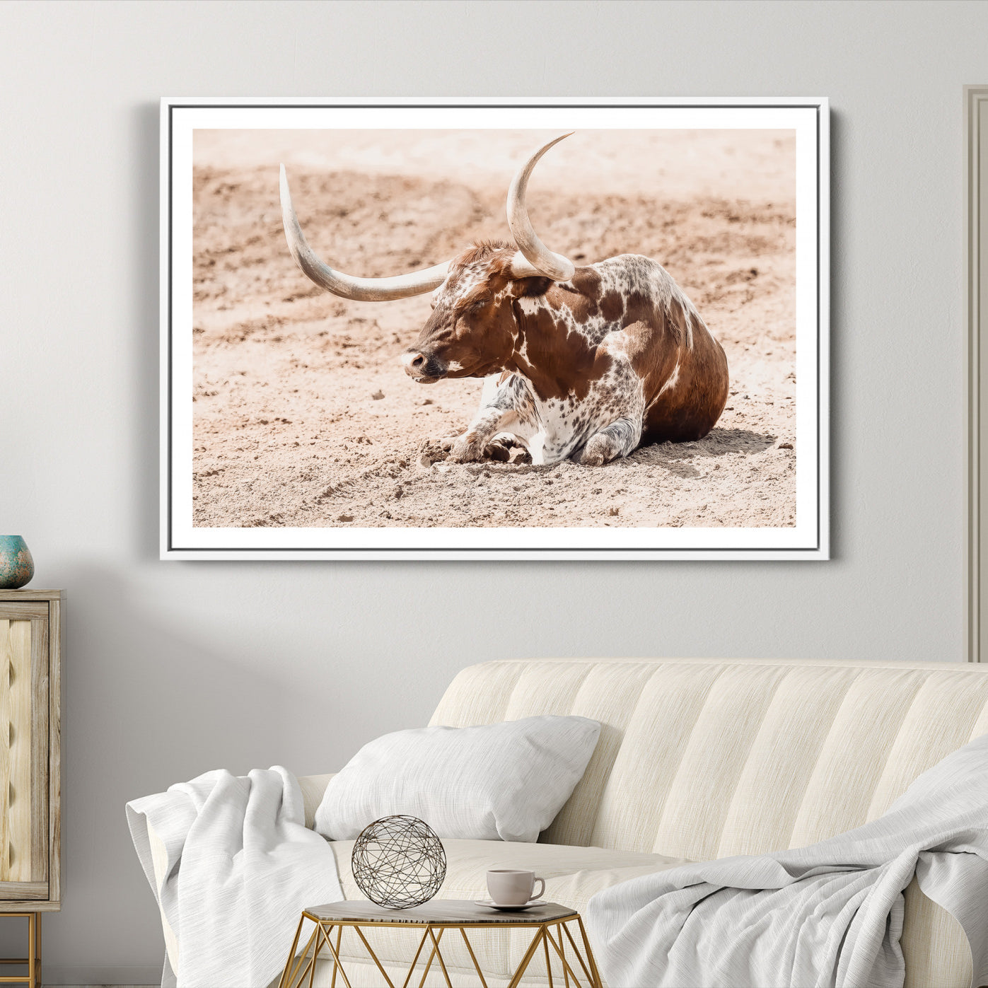 91248682-MGC-FP-36x24-Texas Longhorn Wall Art Canvas Print, Framed Resting Bull Art Picture Print, Spotted Cattle Perfect