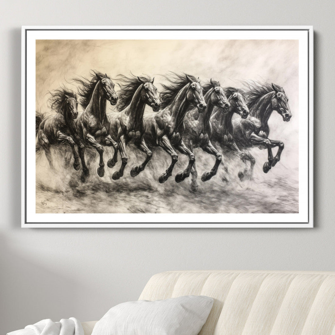 Galloping Horses Wall Art Canvas Print, Framed Wild Stallions Herd Monochrome Sketch
