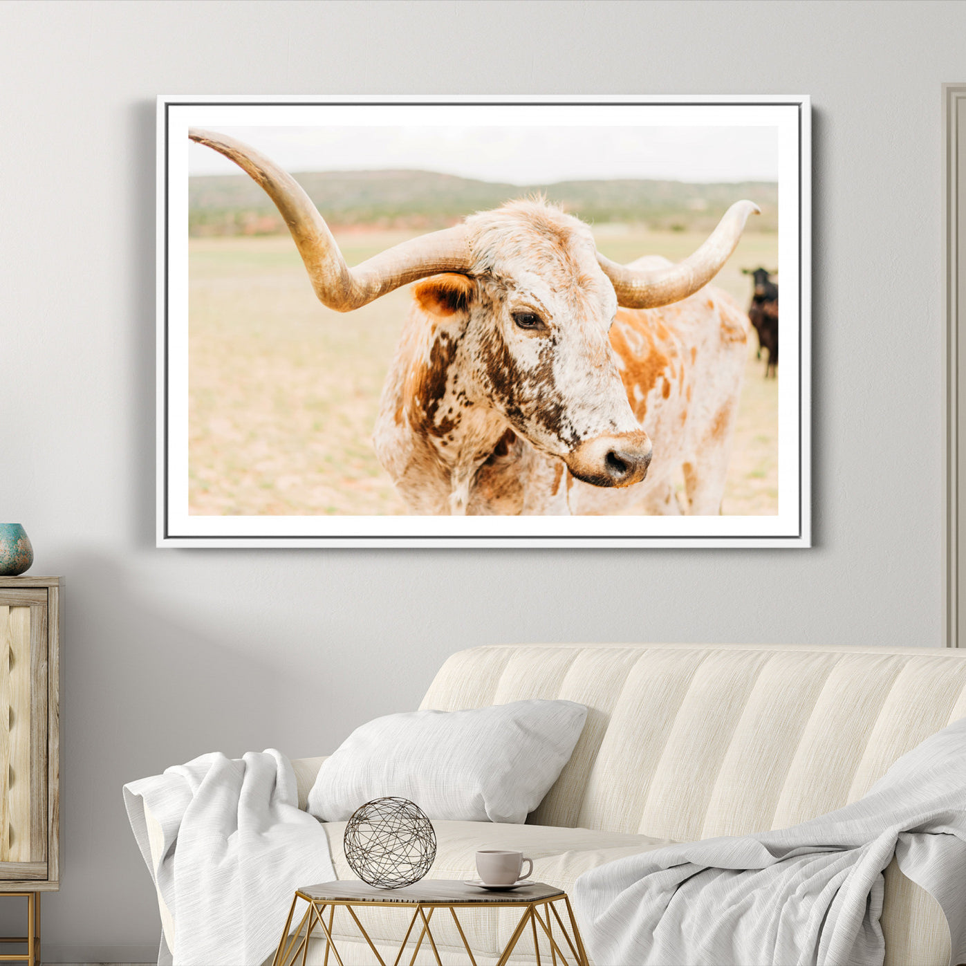 21060648-MGC-FP-36x24-Texas Longhorn Wall Art Canvas Print, Framed Speckled Cow Art Picture Print, Rustic Bull Perfect