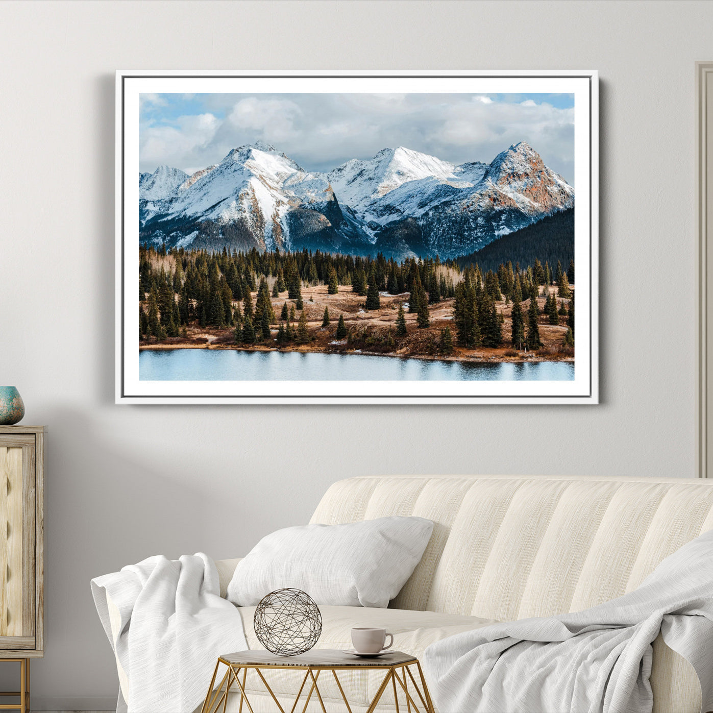 36247746-MGC-FP-36x24-Snowy Peaks Wall Art Canvas Print, Framed Alpine Lake Art Picture Print, Pine Forest Perfect Alpine