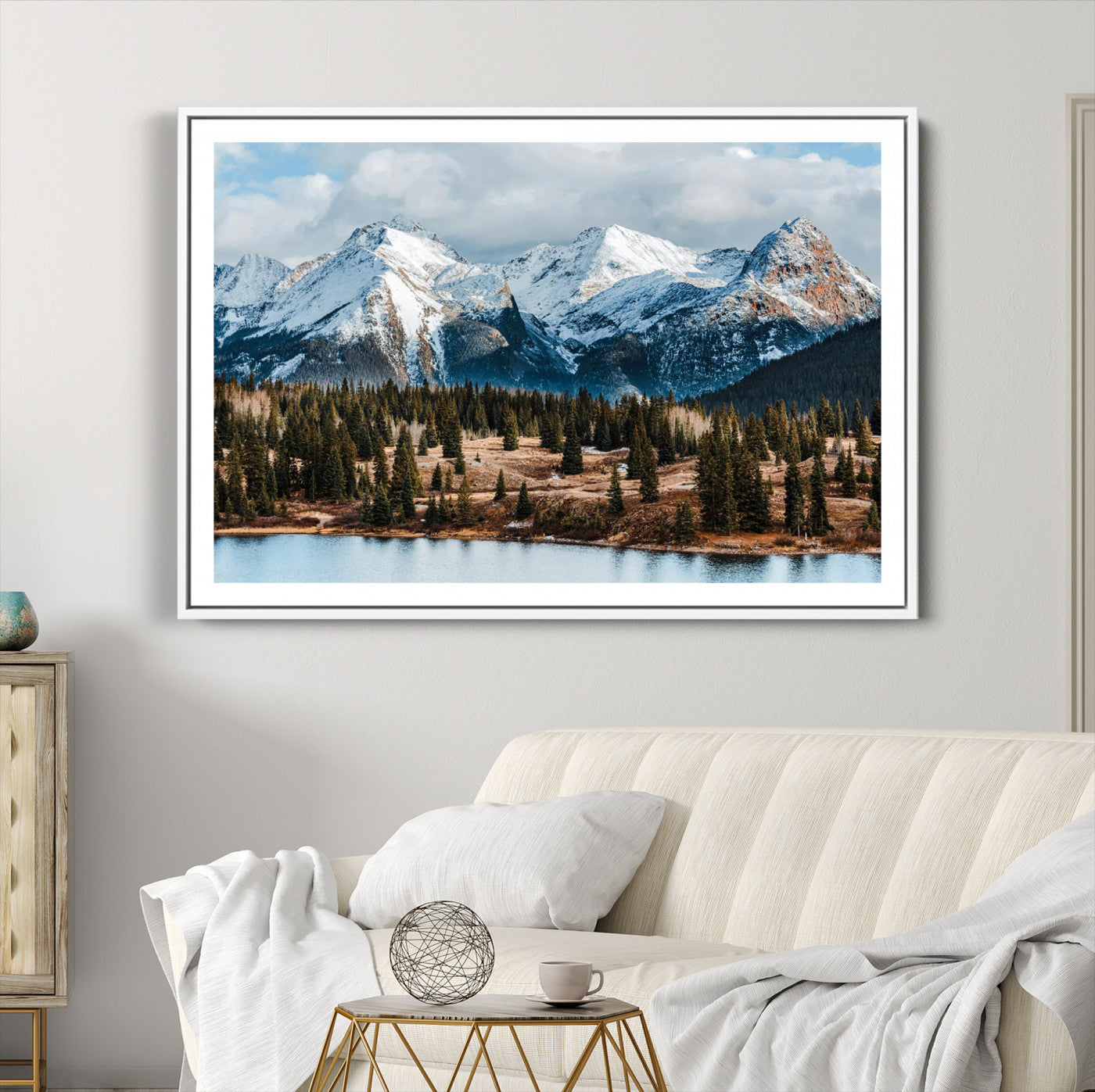 36247746-MGC-FP-36x24-Snowy Peaks Wall Art Canvas Print, Framed Alpine Lake Art Picture Print, Pine Forest Perfect Alpine