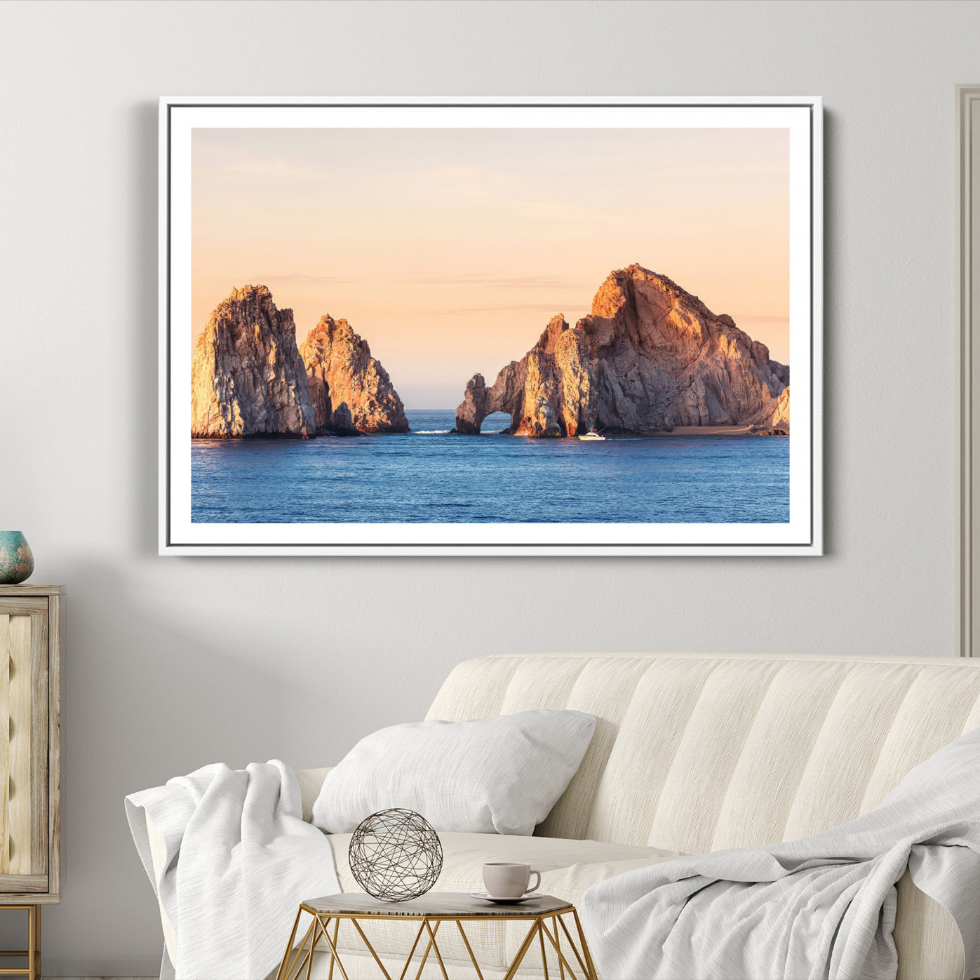 72996116-MGC-FP-36x24-El Arco Wall Art Canvas Print, Framed Cabo Rocks Art Picture Print, Ocean Arch Perfect Golden