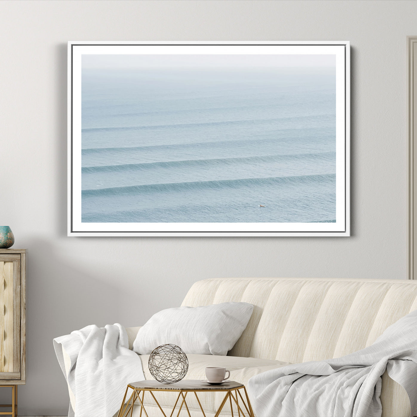47814787-MGC-FP-36x24-Ocean Waves Wall Art Canvas Print, Framed Solo Surfer Art Picture Print, Wave Lines Perfect