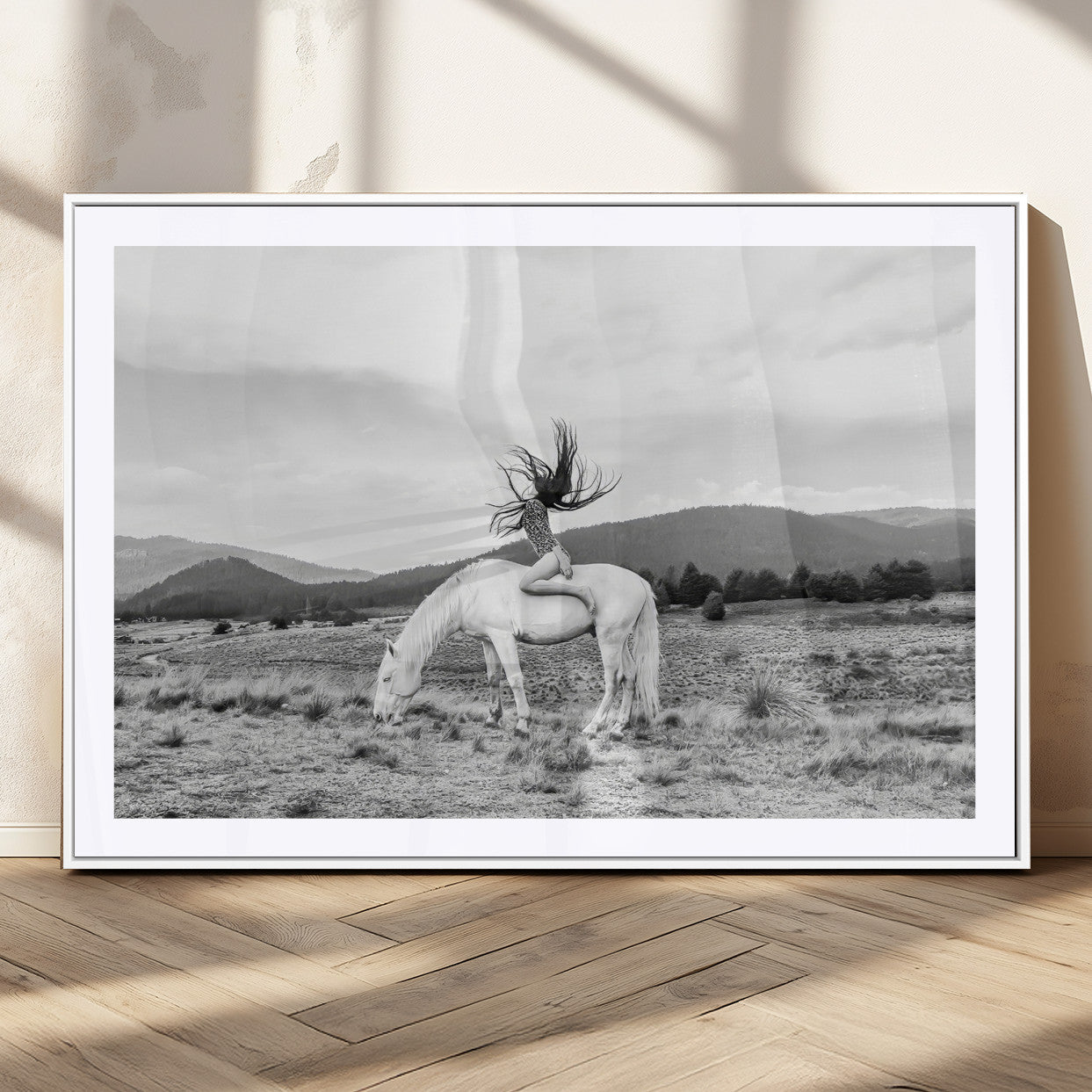 62789800-MGC-FP-36x24_White-White Horse Wall Art Canvas Print – Framed Woman Rider Equestrian Pose Western Boho Elegant Artwork for Home Office