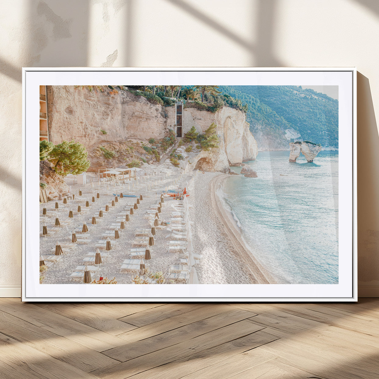 84816639-MGV-CV-36X24 - Sunny Beach Wall Art – Chairs & Umbrellas Canvas Print, Clear Water, Rocky Cliffs, Coastal Calm for Living Room or Vacation Home Decor