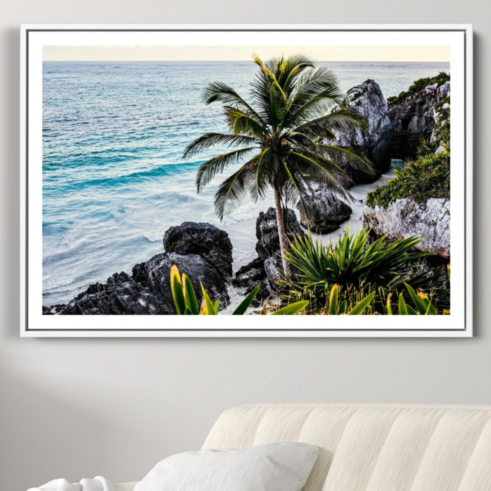 94669907-MGC-FP-36x24-Tropical Coastline Wall Art Canvas Print – Framed Palm Tree and Rocky Beach Scene Artwork for Home, Office Decor