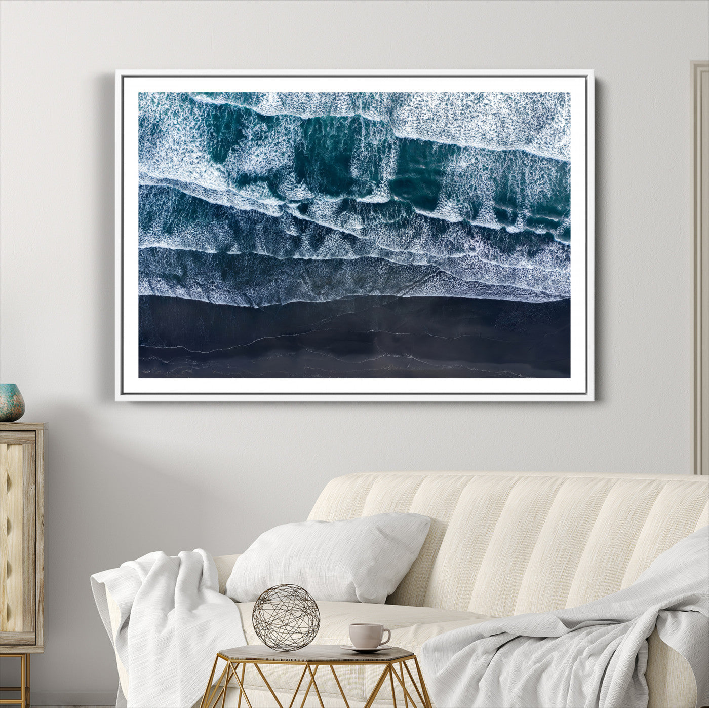 87941475-MGC-FP-36x24-Black Beach Wall Art Canvas Print – Framed Aerial Ocean View Moody Coastal Seascape Nature Artwork for Home Office