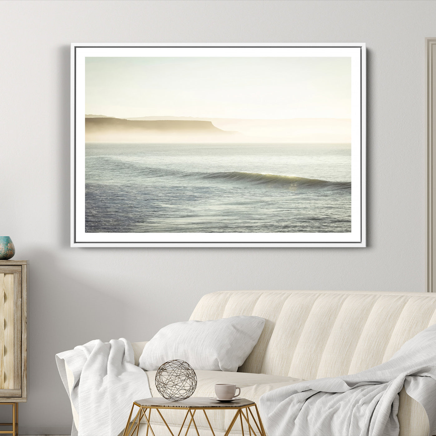 39310633-MGC-FP-36x24-Coastal Cliffs Wall Art Canvas Print, Framed Misty Ocean Art Picture Print, Soft Morning Perfect
