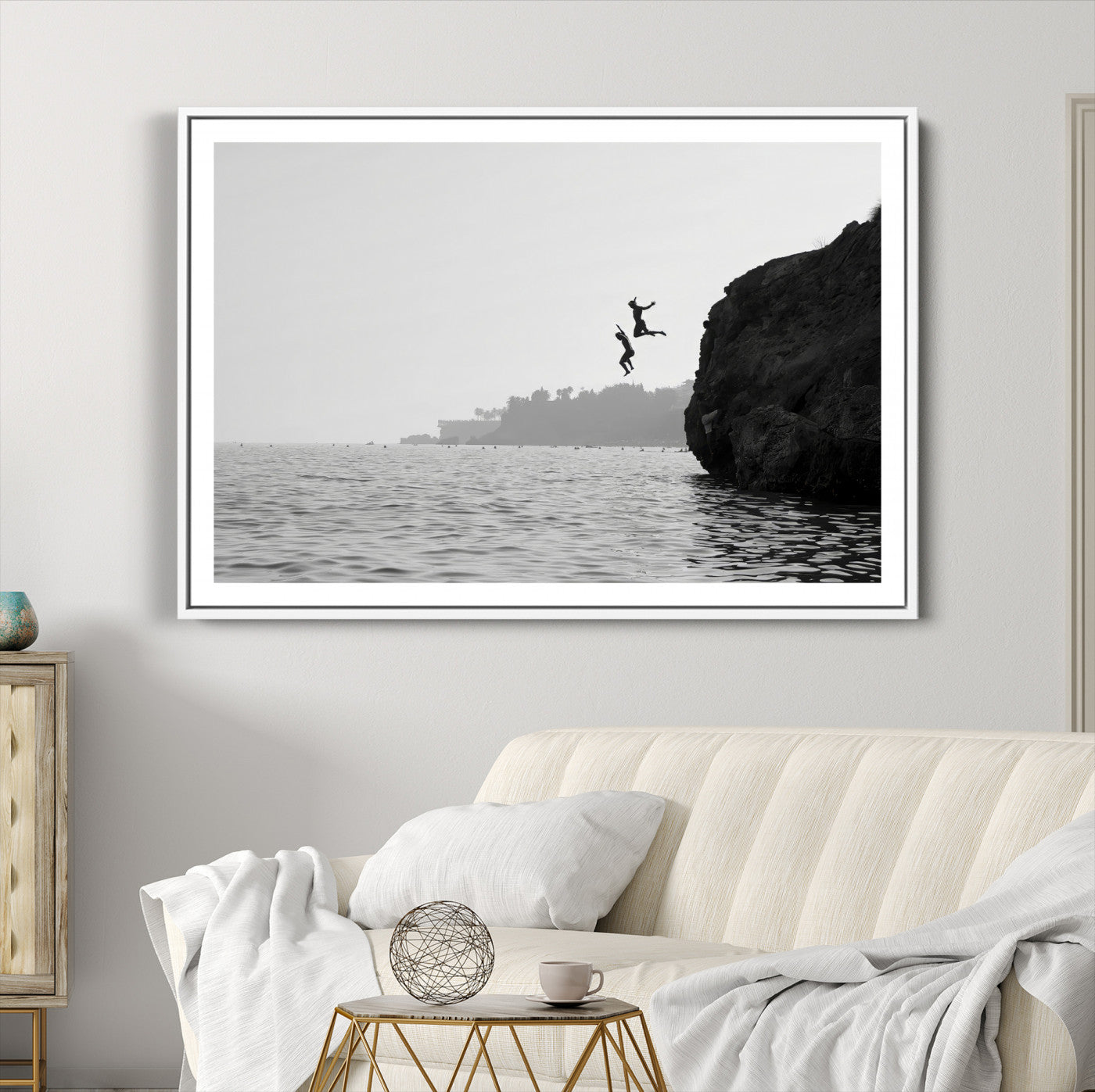 52284302-MGC-FP-36x24-Jumping Wall Art Canvas Print – Framed Coastal Ocean Scene Artwork for Relaxing Beach Home, Office Decor