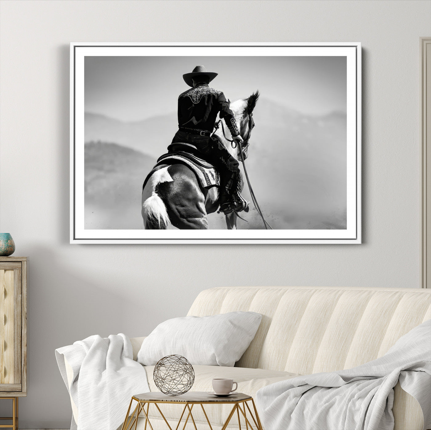 83102464-MGC-FP-36x24-Western Wall Art Canvas Print – Framed Cowboy and Horse Scene Artwork for Rustic Western Home, Office Decor