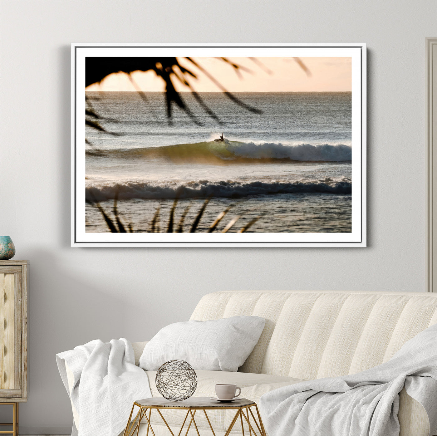 24896468-MGC-FP-36x24-Sunset Surf Wall Art Canvas Print – Framed Golden Hour Waves Scene Artwork for Boho Home, Office, Living Room Decor