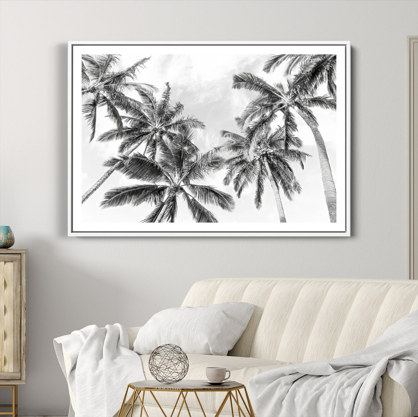 62113786-MGC-FP-36x24-Black and White Palm Wall Art Canvas Print – Framed Monochrome Tropical Beach Scene Artwork for Modern Home, Office Decor
