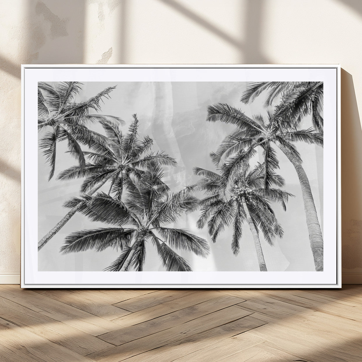 62113786-MGC-FP-36x24_White-Black and White Palm Wall Art Canvas Print – Monochrome Tropical Beach Minimalist Coastal Artwork for Home, Office