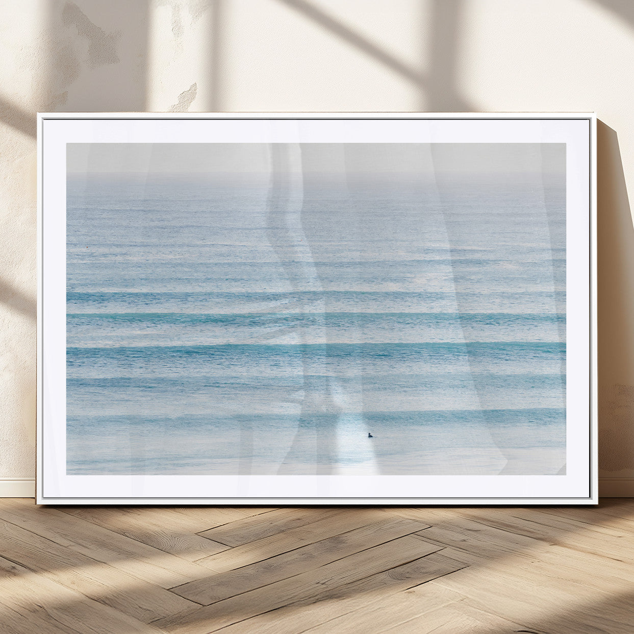 77145995-MGC-FP-36x24_White-Ocean Wave Surfer Wall Art – Framed Minimal Seascape Canvas Artwork, Calm Blue Water Design, Coastal Decor for Home, Office