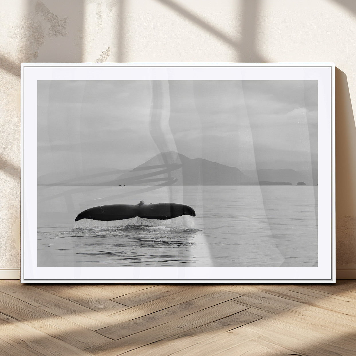 MGC-FP-36x24 - Whale Tail Wall Art Canvas Print, Framed Black White Ocean Art Picture Print, Calm Marine Perfect Minimalist Coastal Decor Artwork