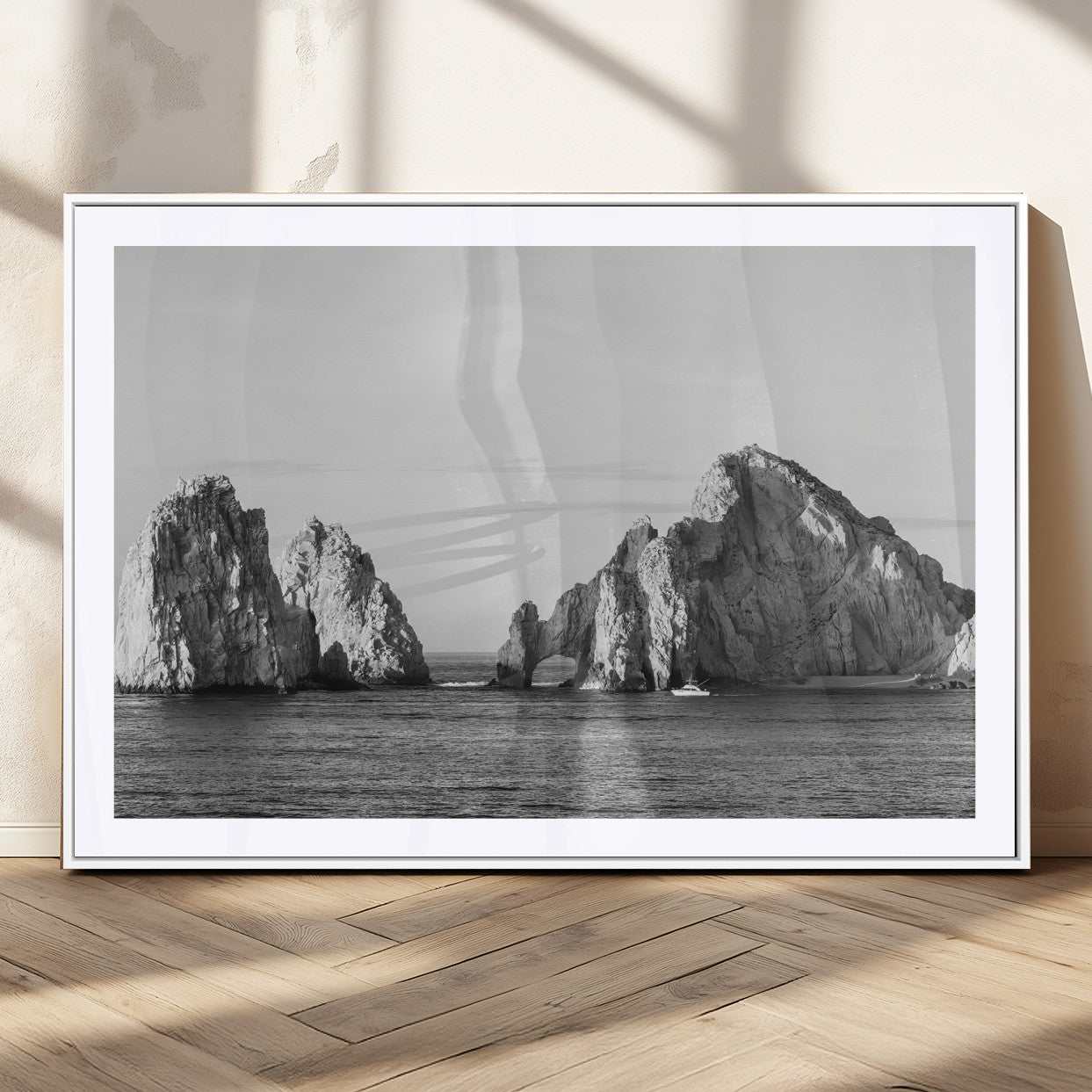MGC-FP-36x24 - Rugged Coastline Wall Art Canvas Print, Framed Ocean Cliffs Art Picture Print, Monochrome Seascape Perfect Coastal Minimalist Decor Artwork