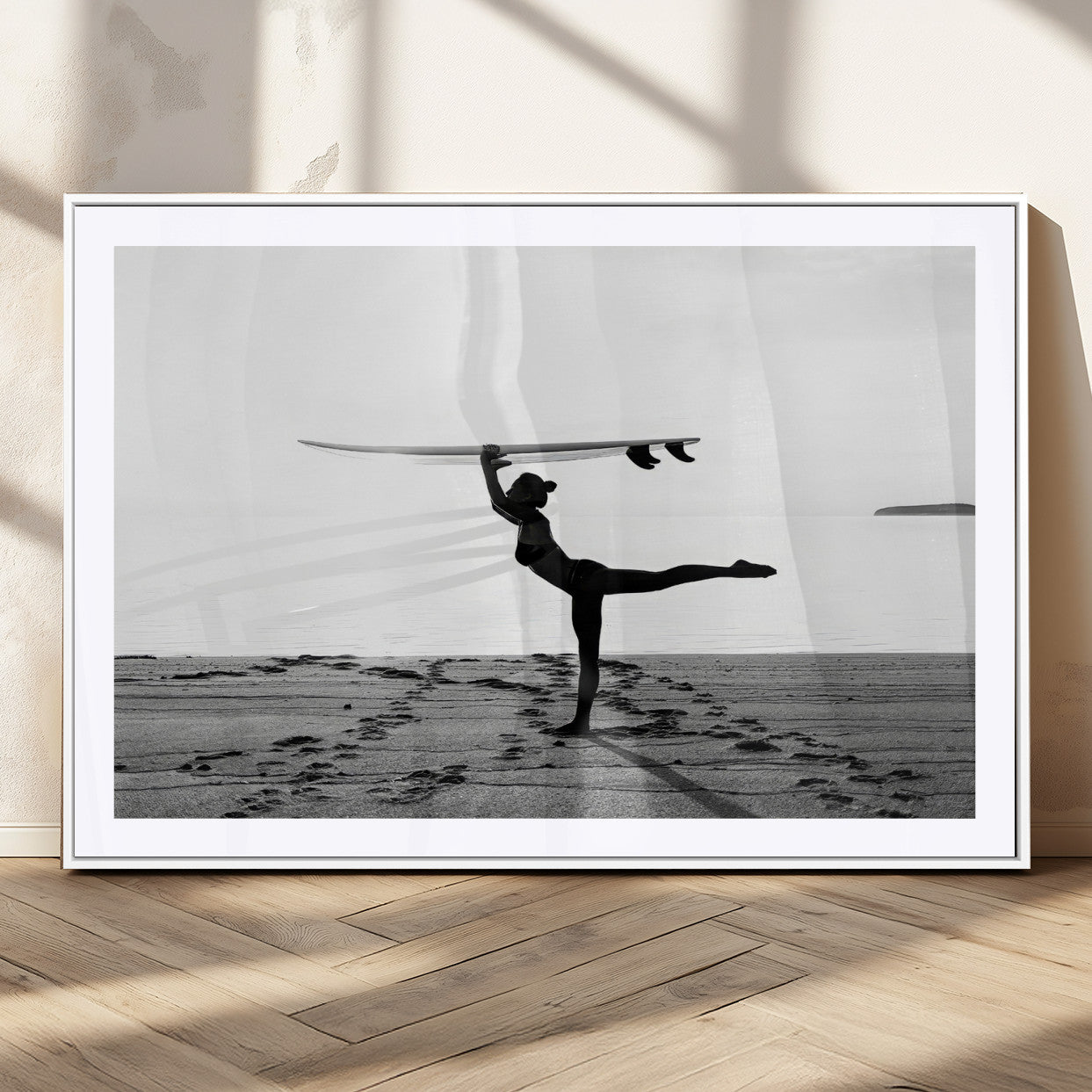 28441356-MGC-FP-40x30-Yoga Surf Wall Art Canvas Print – Framed Black White Shore Art Picture Peaceful Ocean Artwork for Home, Office