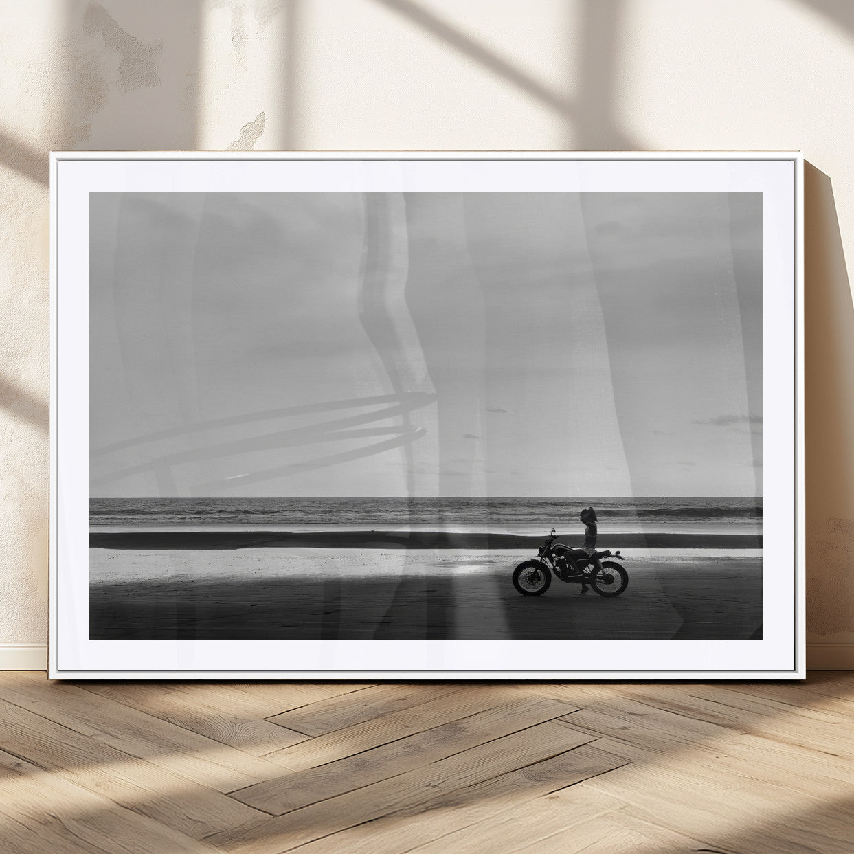 84739358-MGC-FP-36x24_White-Motorcycle Beach Wall Art Canvas Print – Framed Vintage Motorcycle Scene with Biker Silhouette Artwork for Home, Office