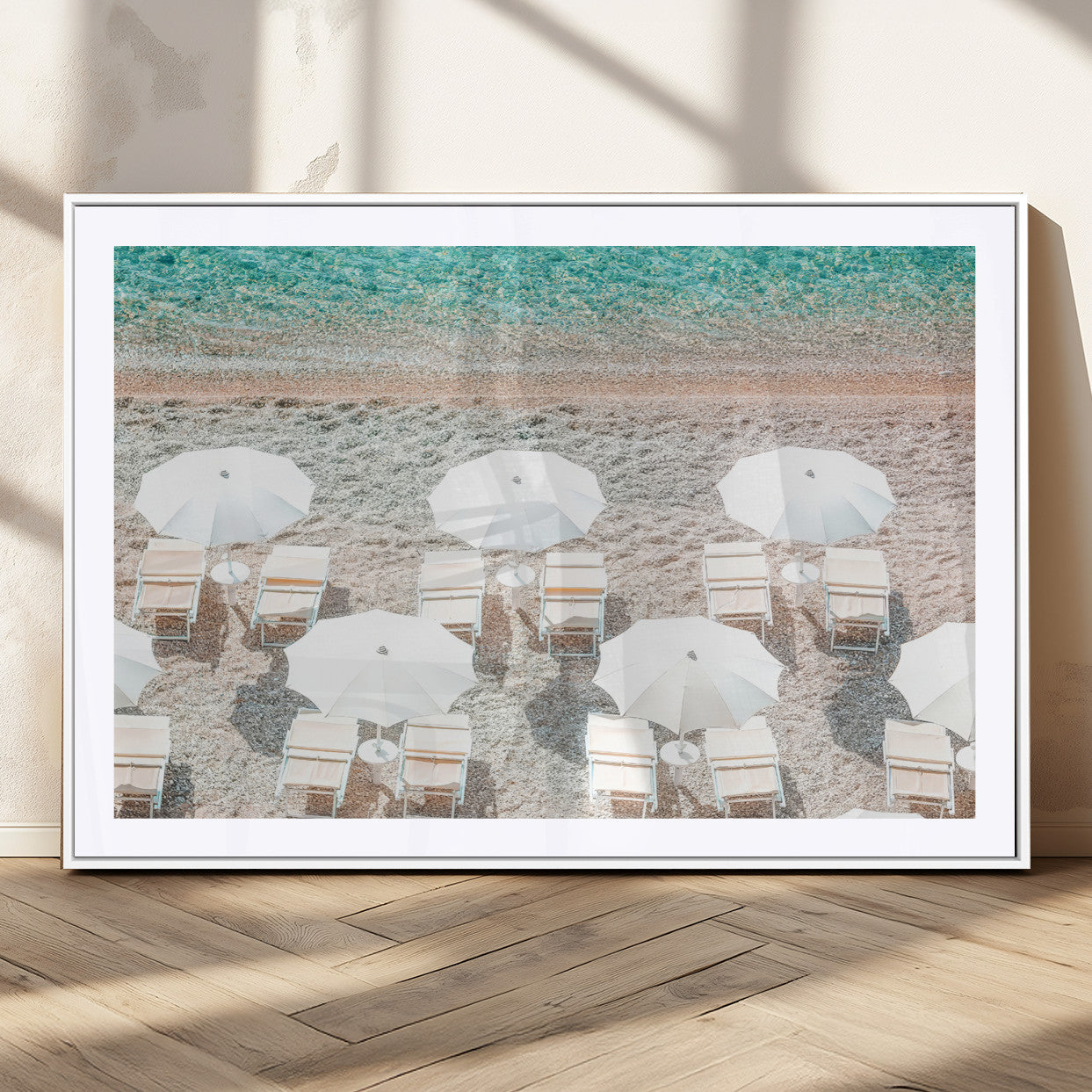 MGC-FP-36x24 - Calm Beach Wall Art Canvas Print, Framed Turquoise Water Art Picture Print, Umbrella Shoreline Perfect Coastal Minimalist Decor Artwork