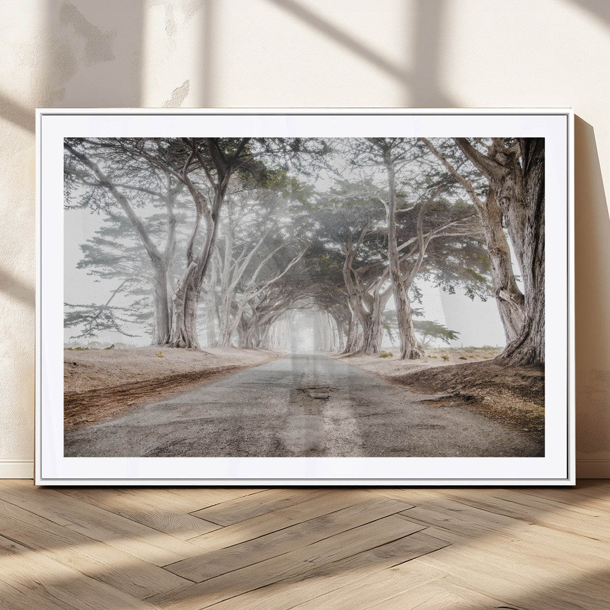 87090469-MGC-FP-36x24_White-Cypress Tunnel Wall Art – Framed Misty Road Canvas Artwork, Foggy Trees Design, Rustic Woodland Nature Decor for Home, Office