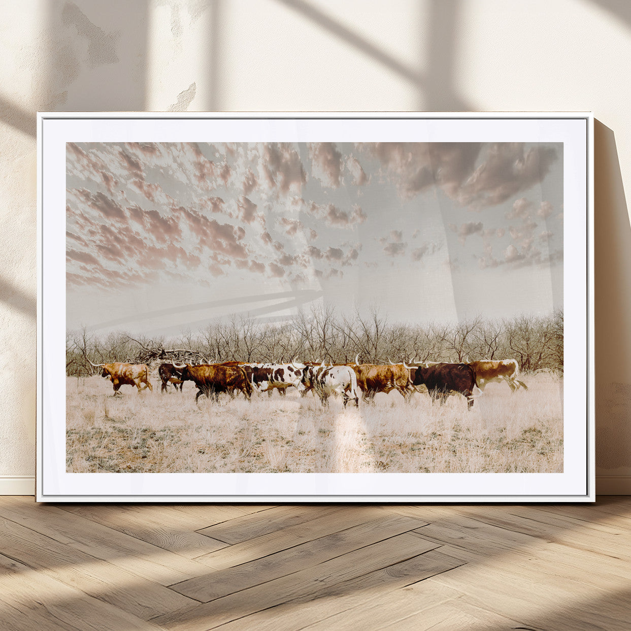 64892775-MGC-FP-36x24_White-Longhorn Cattle Wall Art Canvas Print – Framed Texas Ranch Scene with Western Cow Artwork for Home, Office