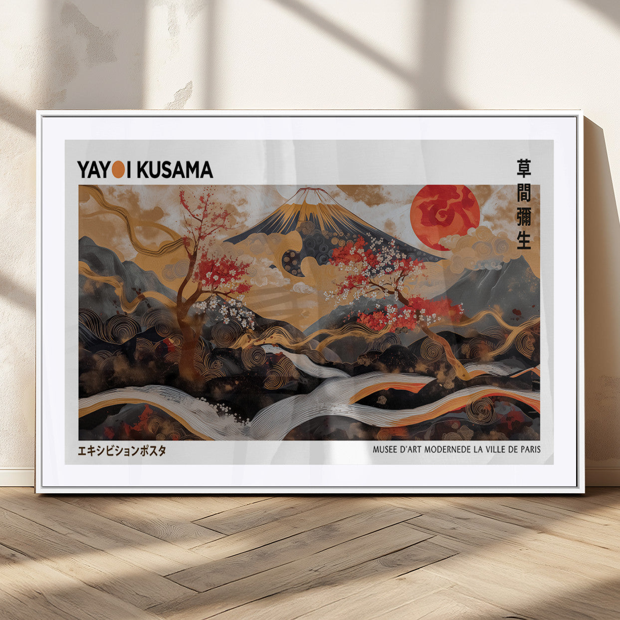 40959107-MGV-CV-36X24-Modern Japanese Wall Art Canvas Print – Framed Abstract Mount Fuji Scene Inspired Yayoi Kusama for Home, Office